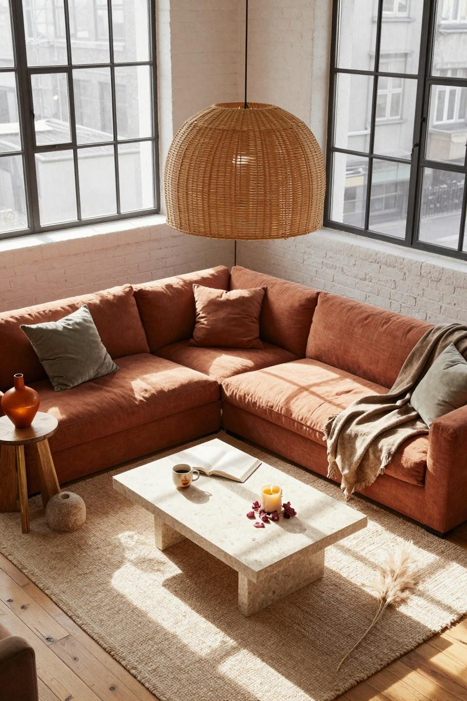 Earthy Living Room - elevated overhead view of rattan pendant light casting intricate shadows