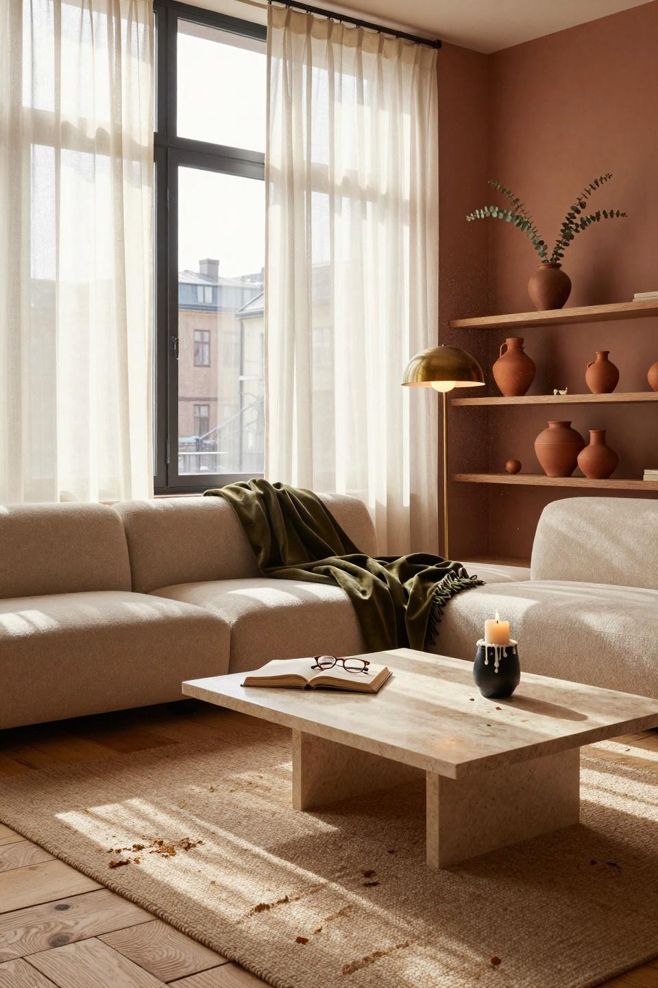Earthy Living Room - organic modern living room with reclaimed oak floors and travertine coffee table