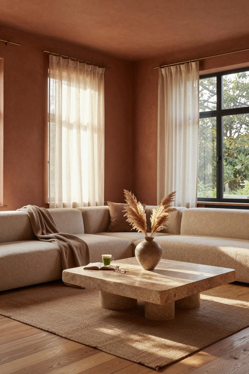 Earthy Living Room - organic modern living room with clay plaster walls and steel-framed windows