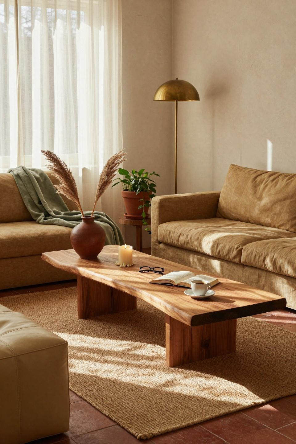 Earthy Living Room - hand-carved teak coffee table with visible grain and natural edge in Copenhagen warehouse