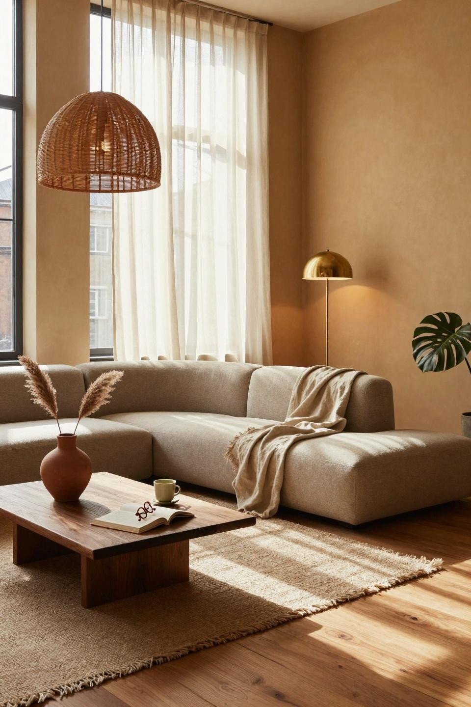 Earthy Living Room - minimalist Japandi living room in Copenhagen warehouse loft with steel-framed windows