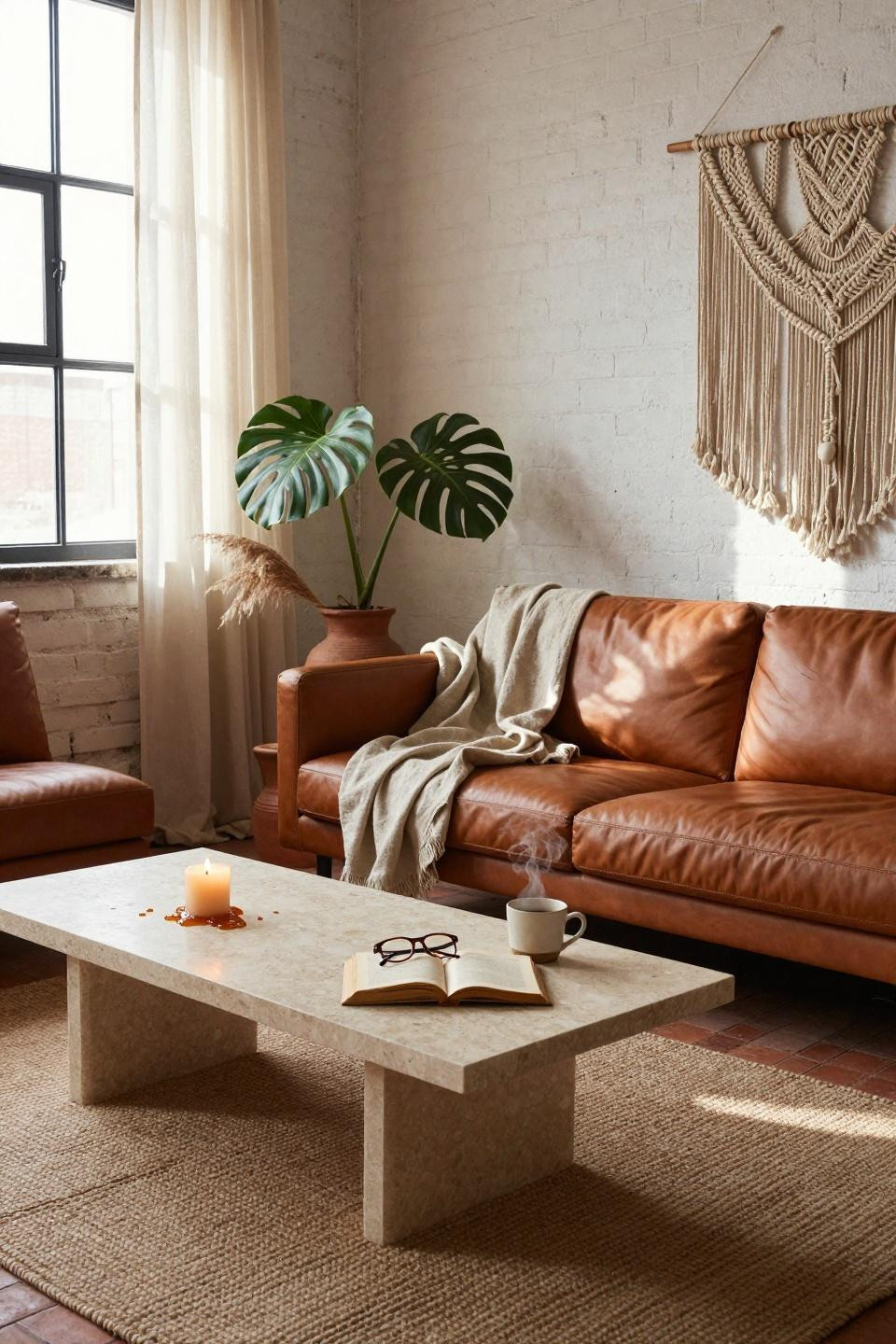 Earthy Living Room - bohemian living room with cognac leather sofa and terracotta floor tiles