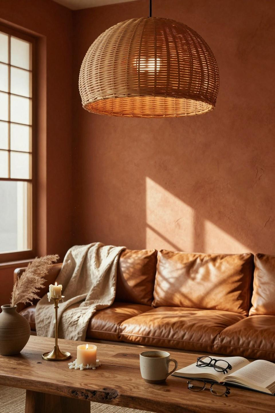 Earthy Living Room - sculptural rattan pendant light casting intricate woven shadows across warm terracotta walls
