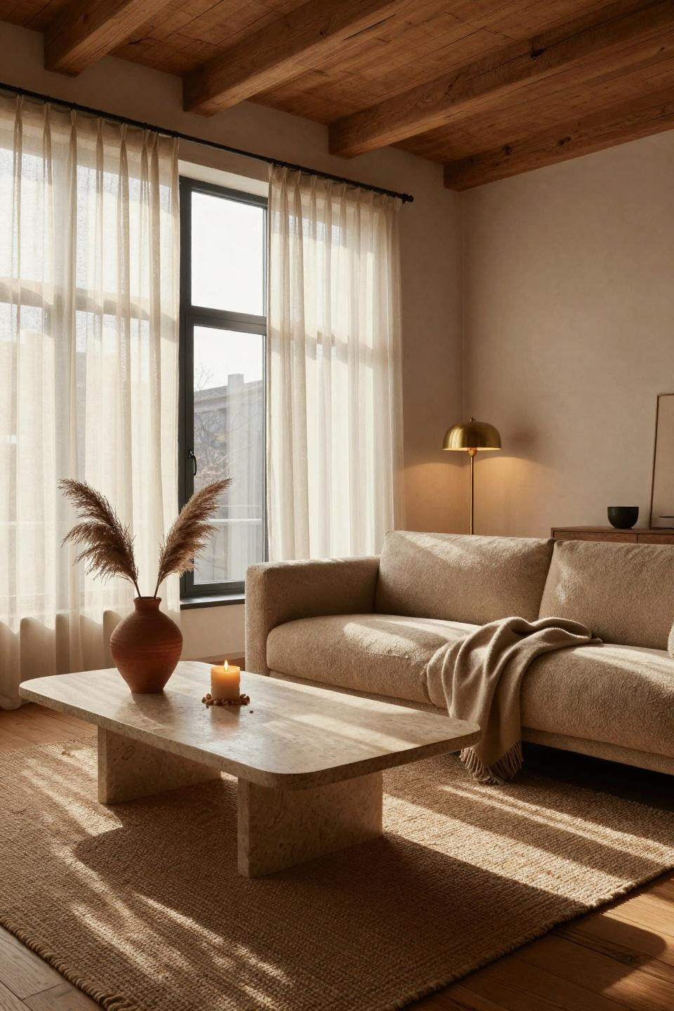 Earthy Living Room - Japandi living room with oatmeal bouclé sofa and whitewashed plaster walls