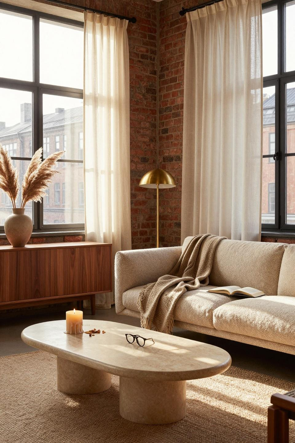 Earthy Living Room - organic modern living room with honey oak floors and travertine coffee table