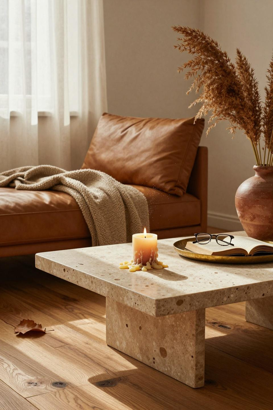 Earthy Living Room - closeup of layered textures with travertine coffee table and oatmeal bouclé
