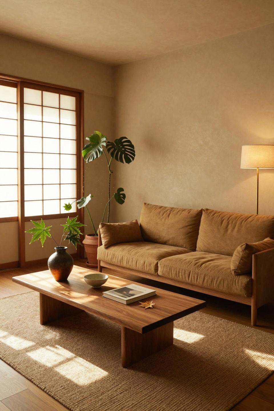 Earthy Living Room - serene Japandi living room with low-profile bouclé sofa and walnut coffee table