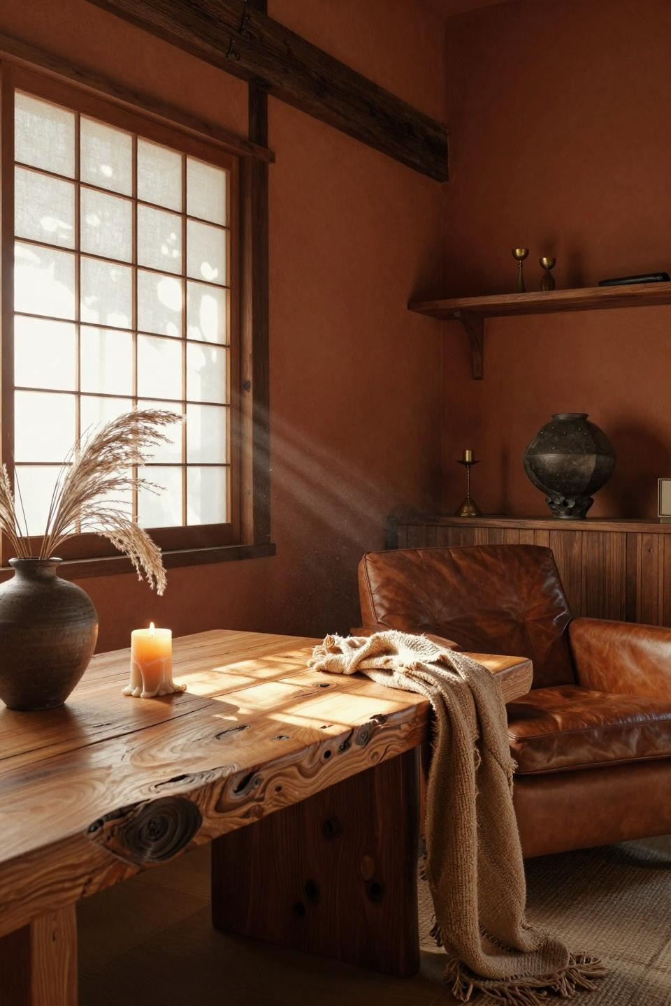 Earthy Living Room - intimate closeup of hand-carved teak console table with woven jute throw