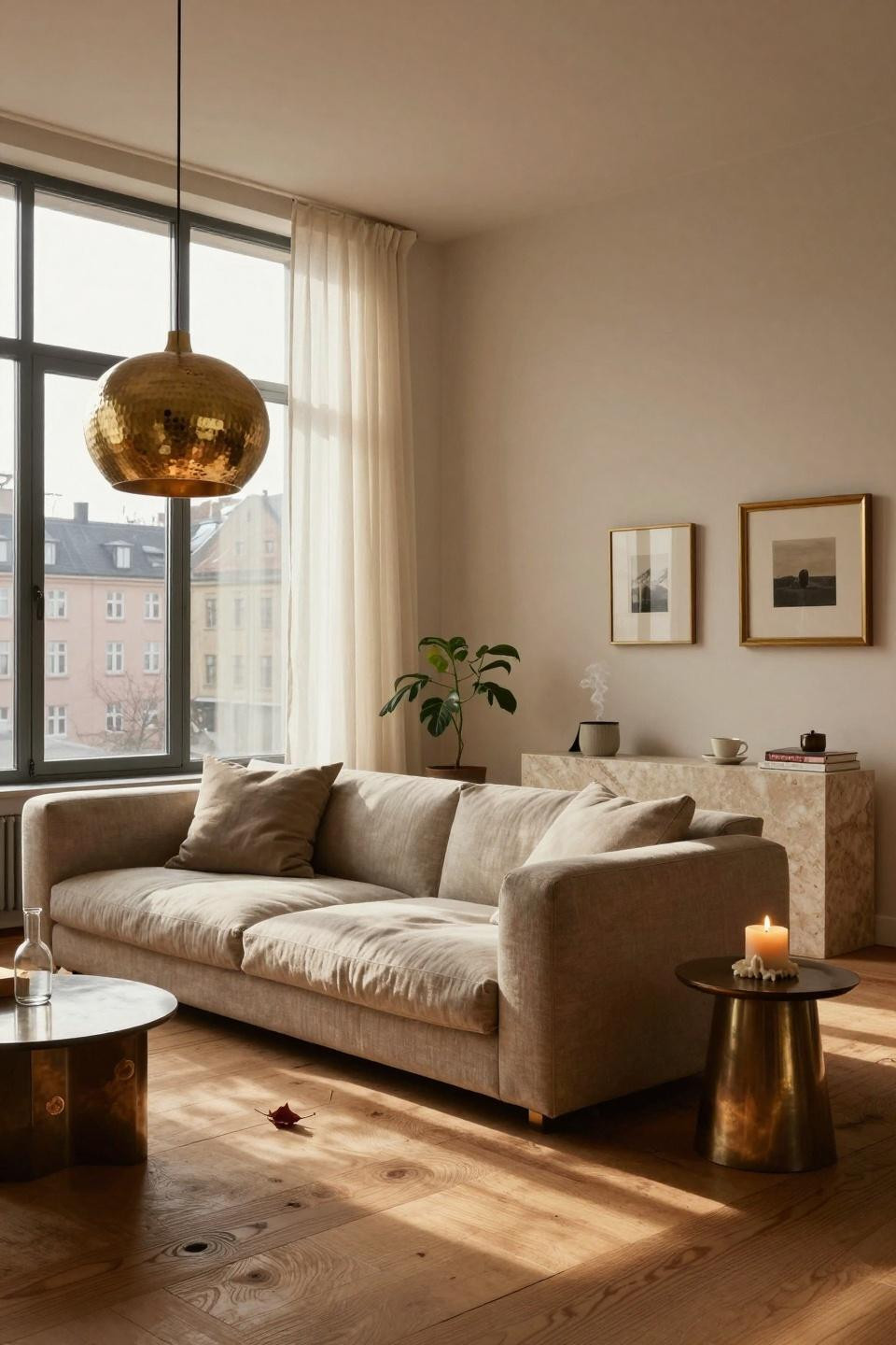 Earthy Living Room - Japandi living room with honey oak flooring and hammered brass pendant light
