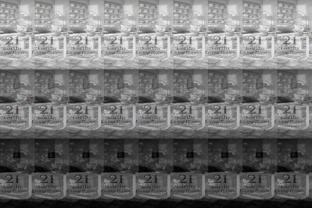 Cozy living space featuring terracotta walls, honey-toned wooden furniture, natural textures, and warm ambient lighting