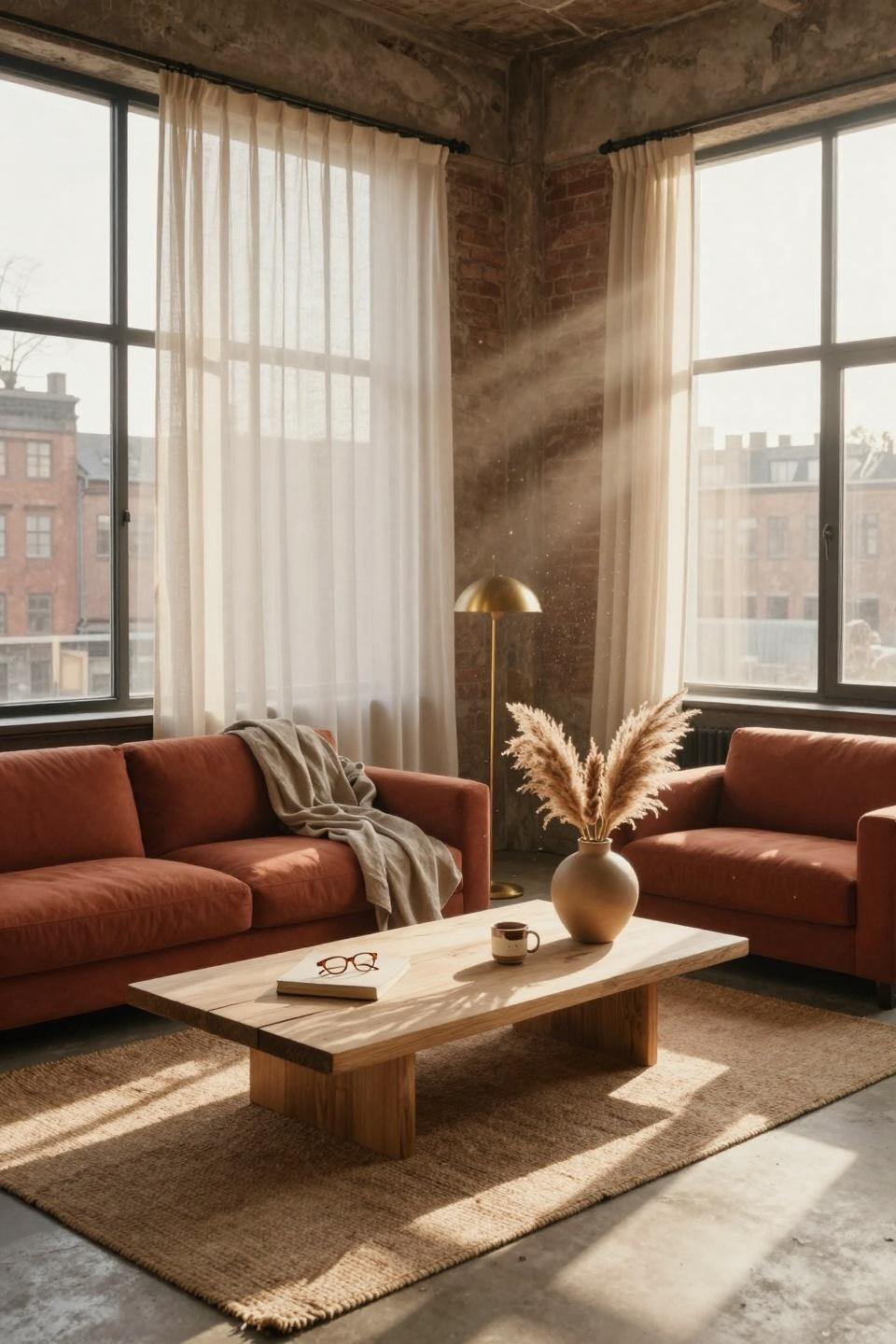 Earthy Living Room - Japandi living room with terracotta bouclé sofa and honey oak coffee table