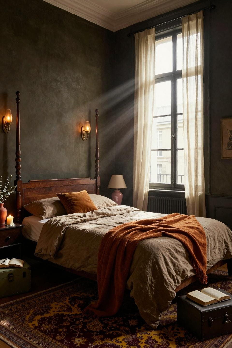 Earthy Moody Bedroom with carved walnut four-poster bed and vintage textiles
