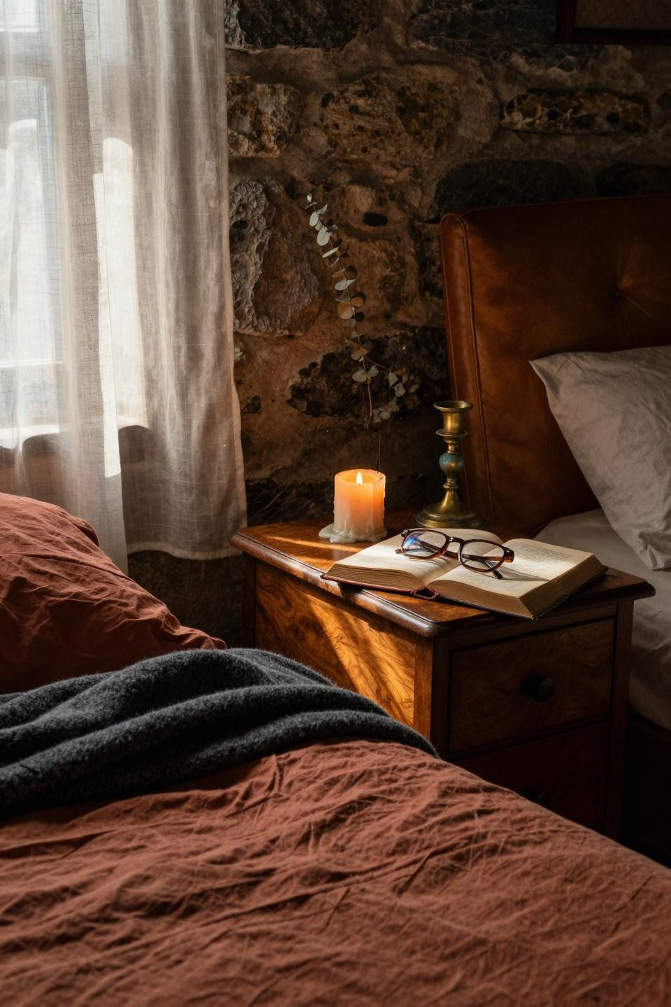 Earthy Moody Bedroom with hand-carved walnut nightstand and beeswax candle