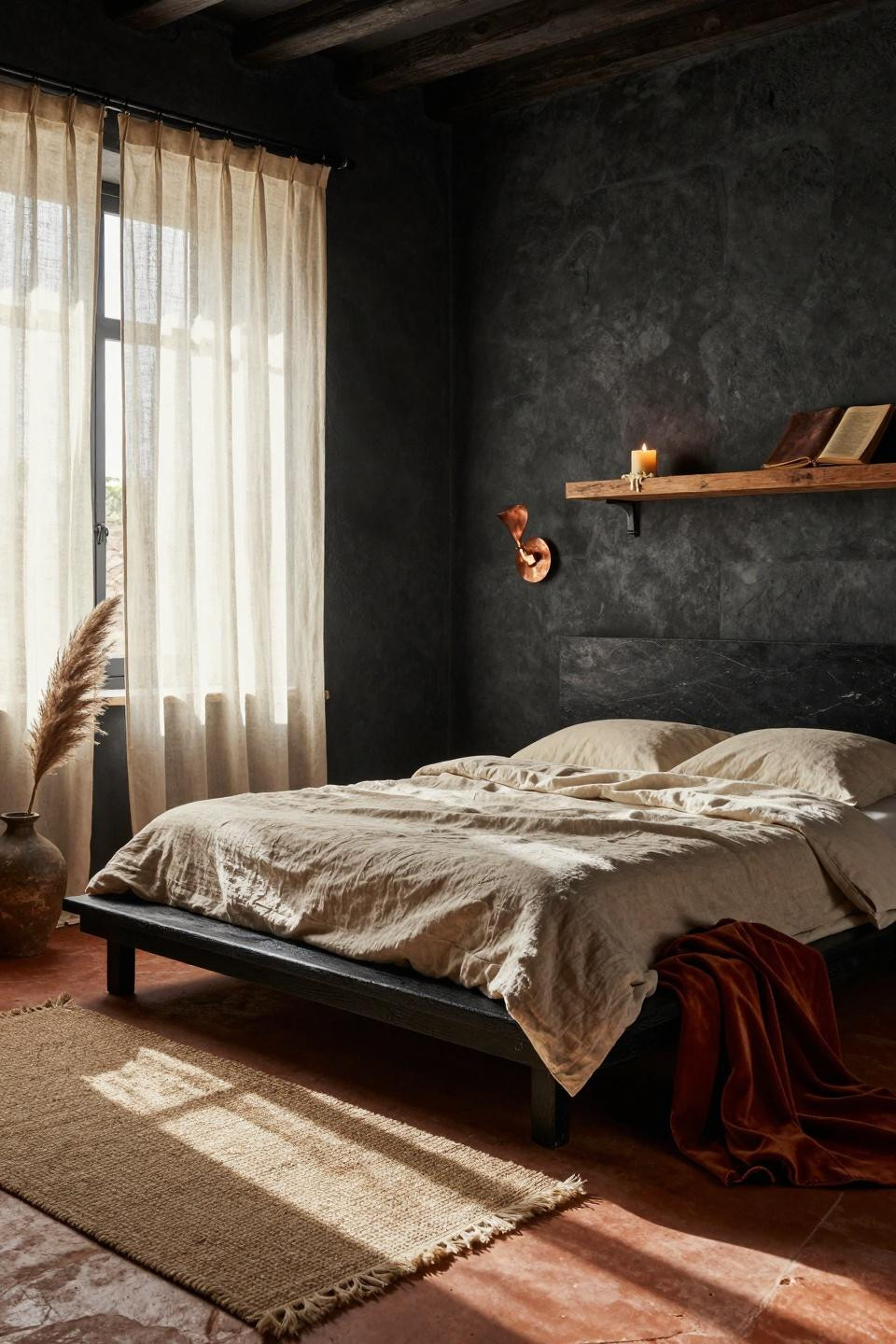 Earthy Moody Bedroom with terracotta floors and black limestone accent wall