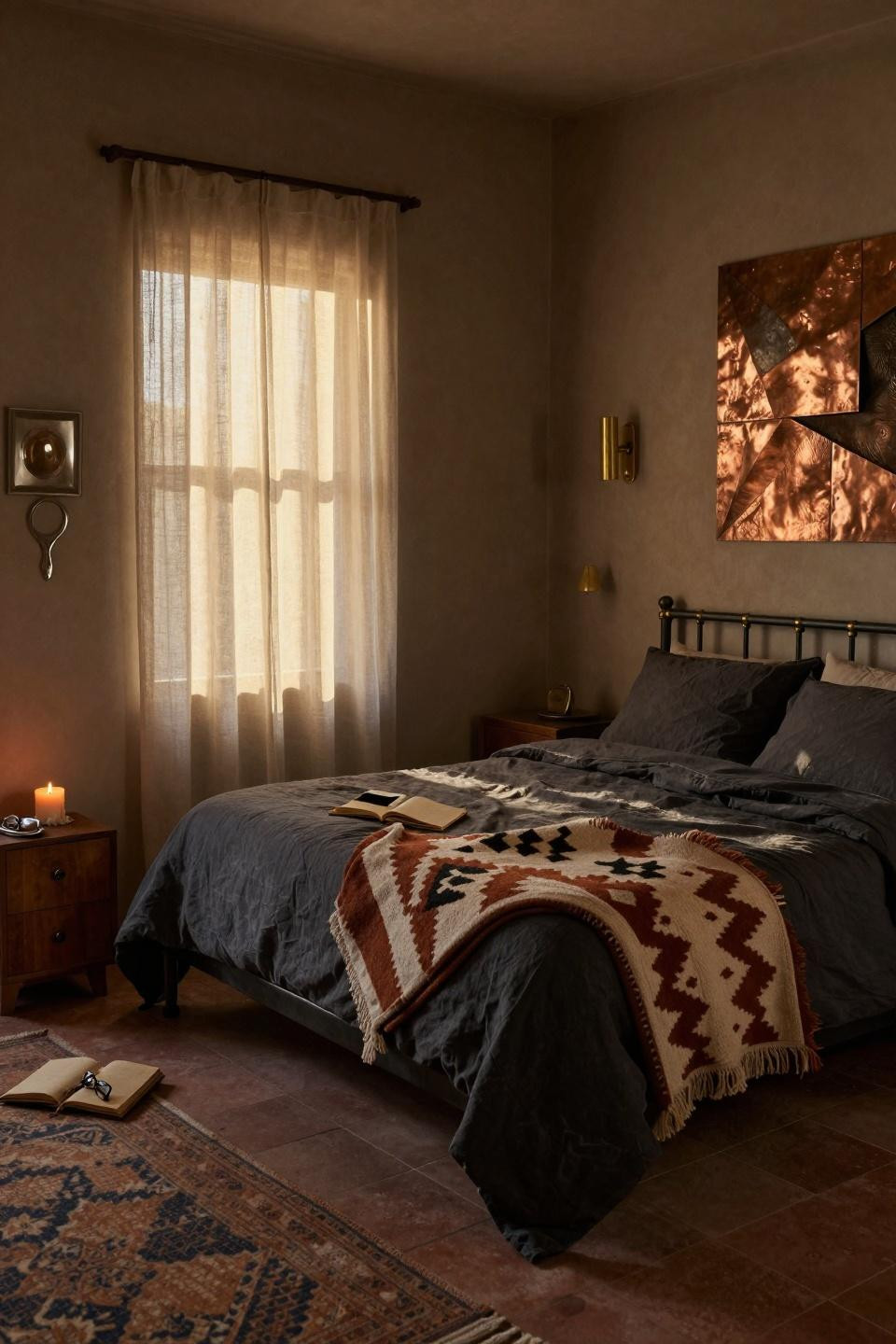 Earthy Moody Bedroom with geometric Navajo throw and desert ranch aesthetic