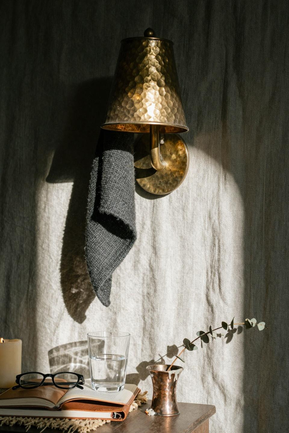 Earthy Moody Bedroom with hand-hammered brass sconce and walnut nightstand