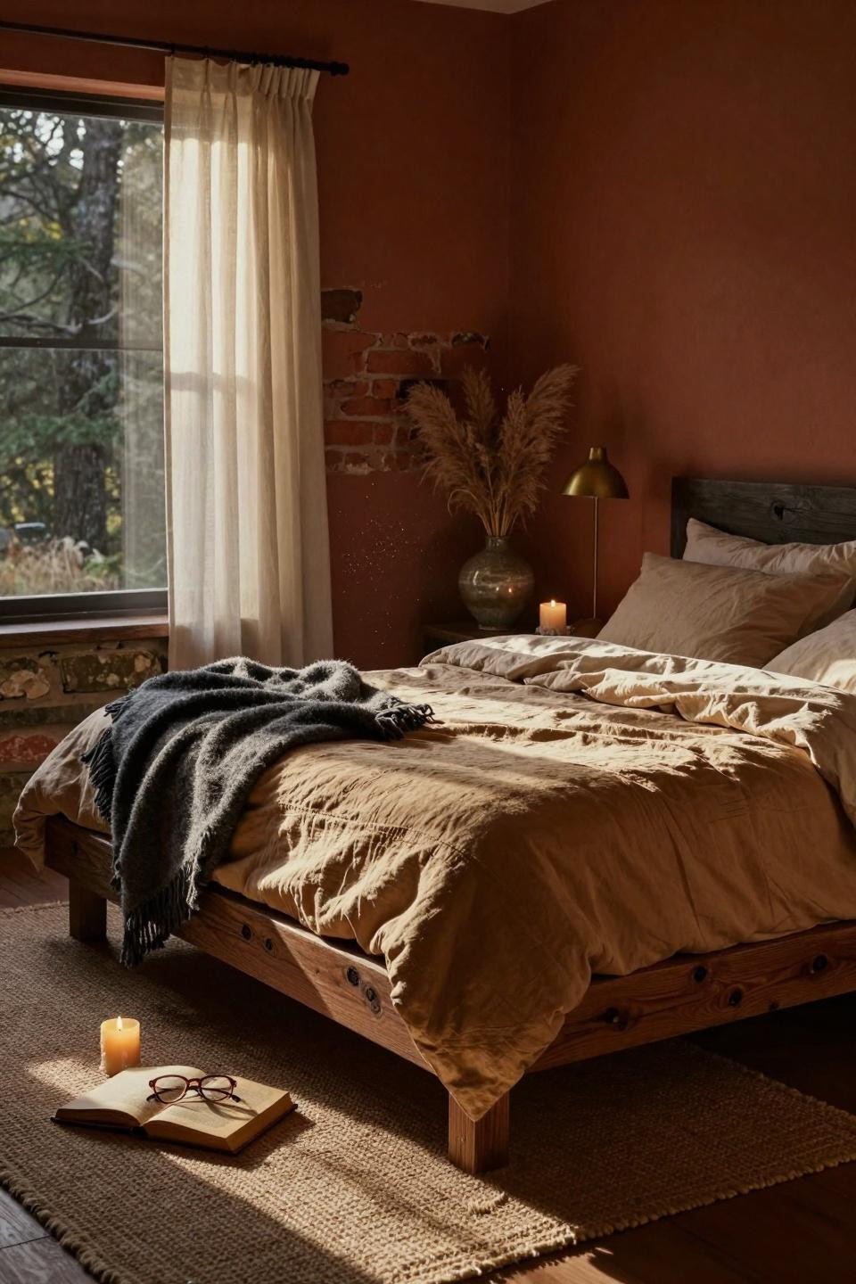 Earthy Moody Bedroom with low walnut platform bed in small cottage space