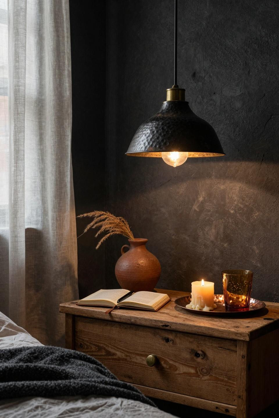 Earthy Moody Bedroom with blackened steel pendant light and reclaimed oak nightstand