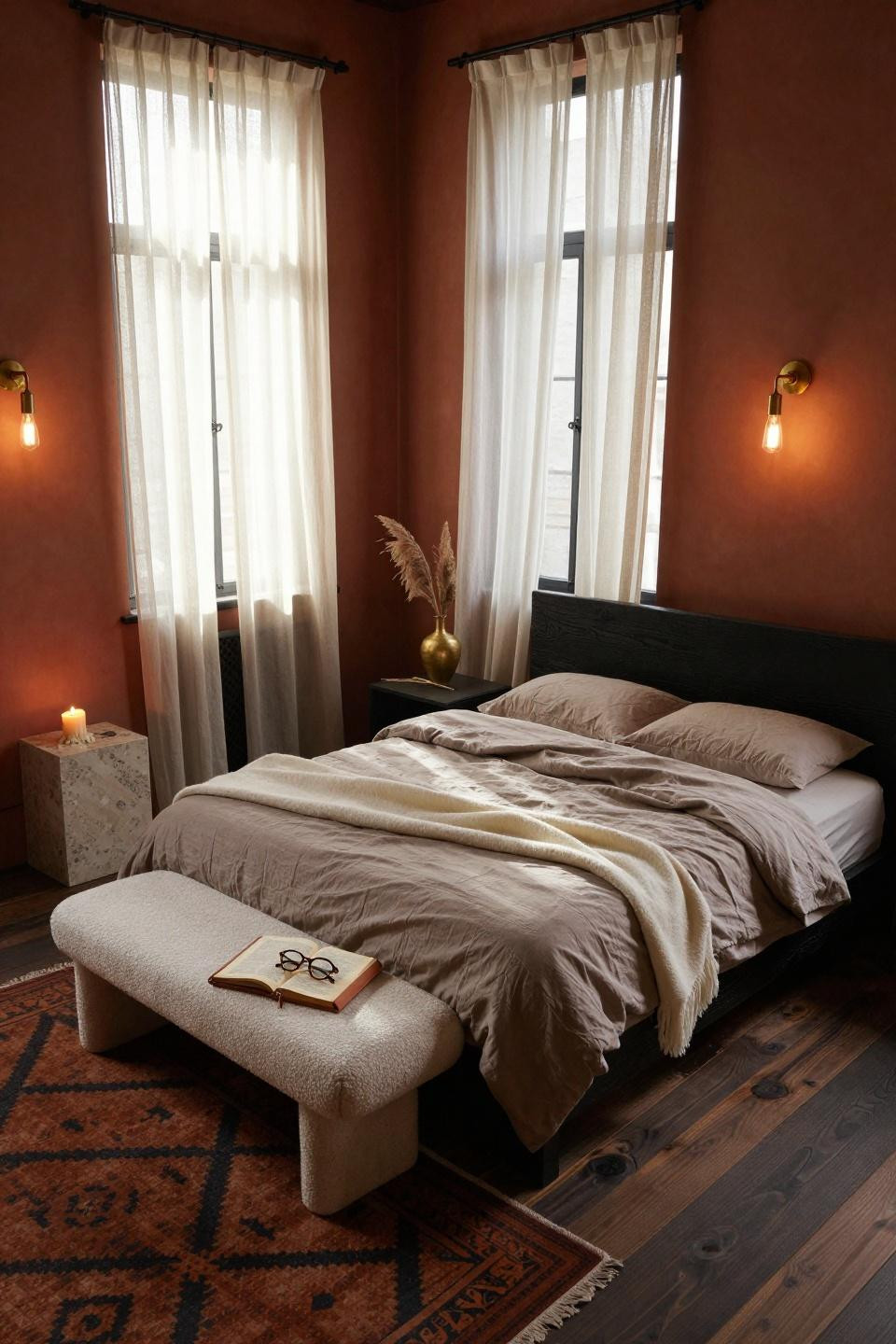 Earthy Moody Bedroom with Belgian linen duvet and travertine nightstand