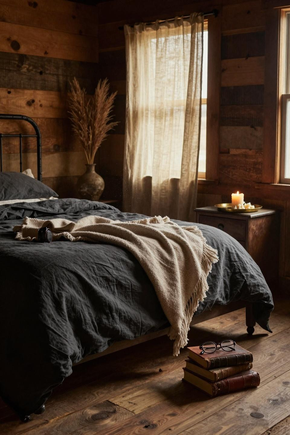Earthy Moody Bedroom with reclaimed barnwood walls and hand-forged steel bedframe
