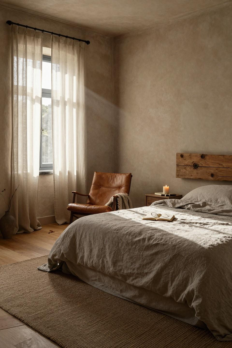Earthy Moody Bedroom with Belgian linen duvet and cognac leather lounge chair