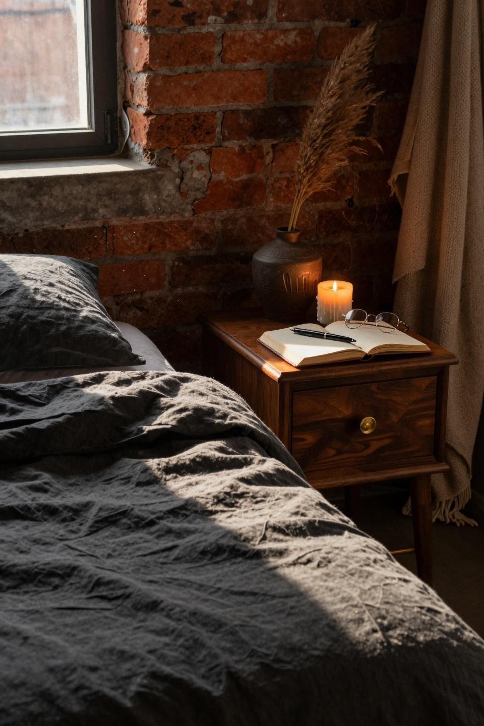 Earthy Moody Bedroom with vintage walnut nightstand and Copenhagen warehouse aesthetic