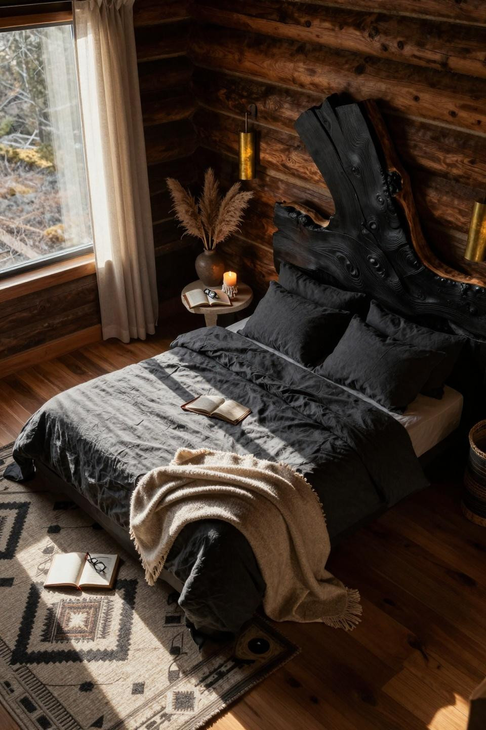 Earthy Moody Bedroom with Navajo-inspired geometric rugs and live-edge headboard