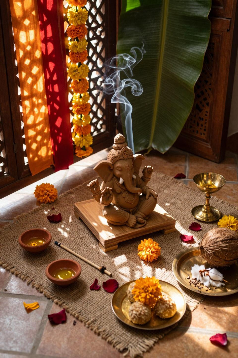 Eco Friendly Ganpati Decoration - overhead shot with Portuguese tiles and jute mat