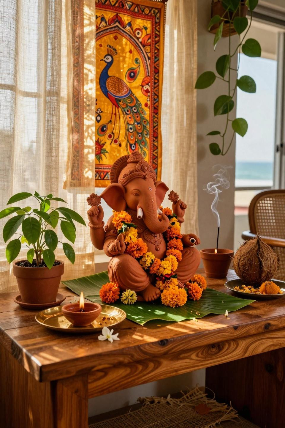 Eco Friendly Ganpati Decoration - beach view apartment with tulsi plant and brass puja thali