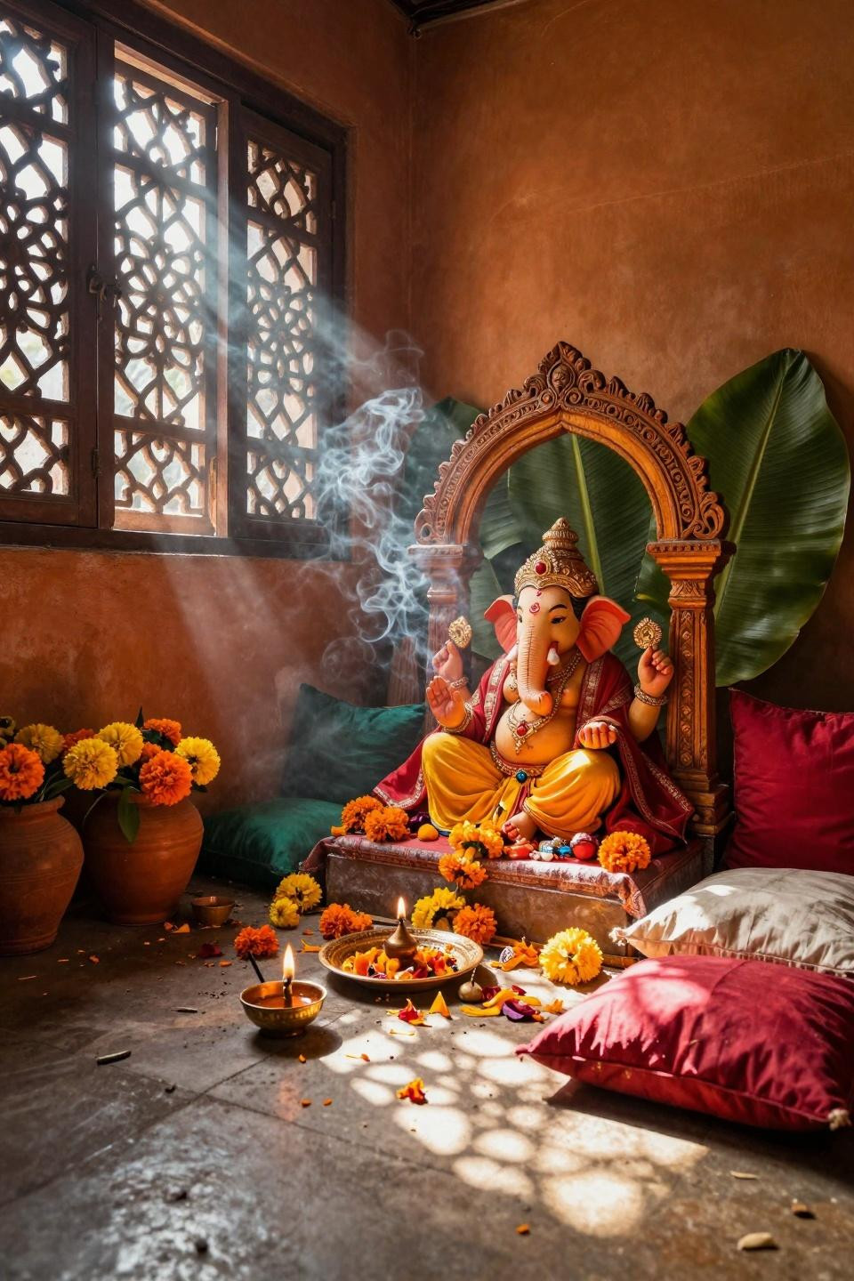 Eco Friendly Ganpati Decoration - carved jali screen with clay idol and silk drapes