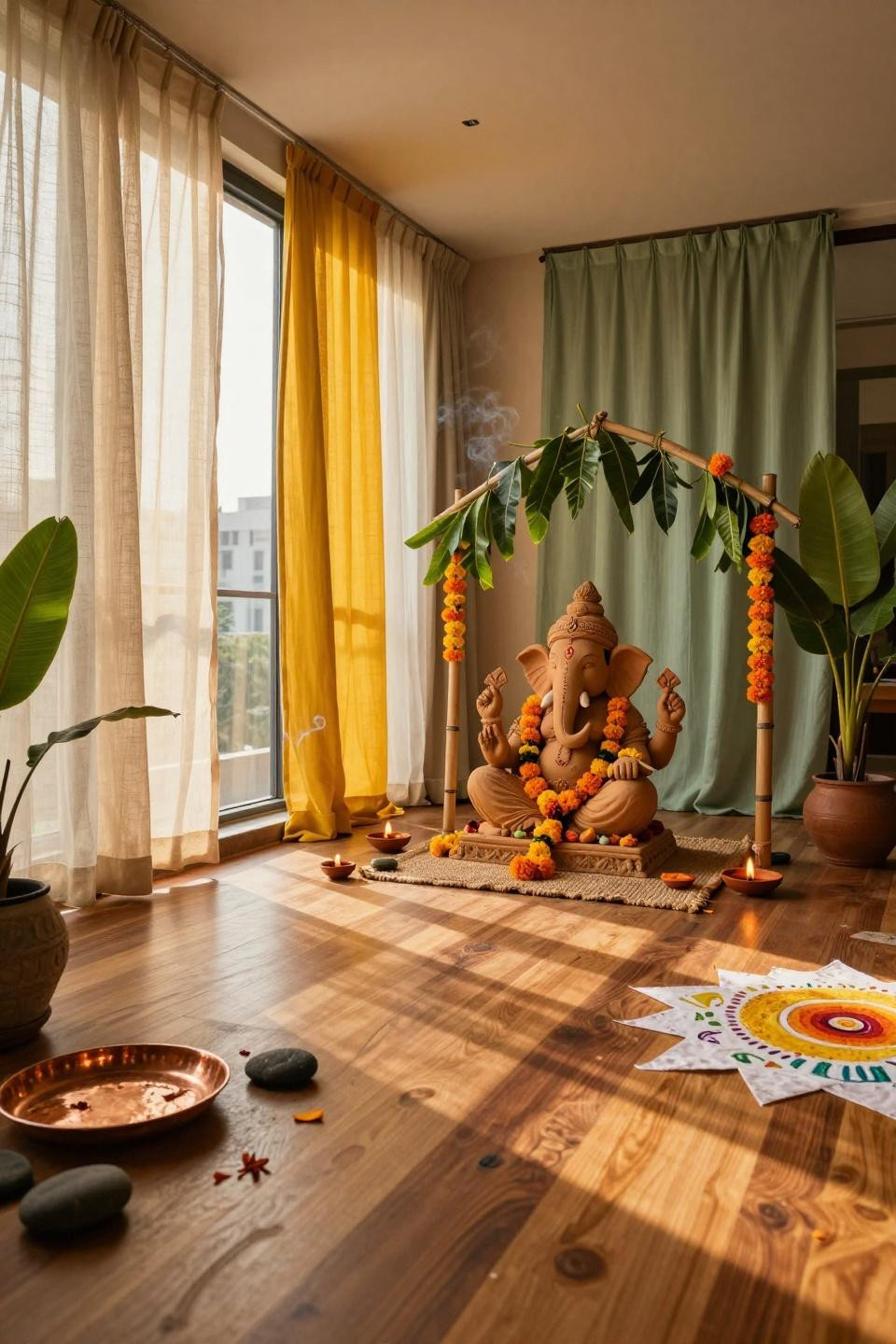Eco Friendly Ganpati Decoration - large living room with floor windows and natural light