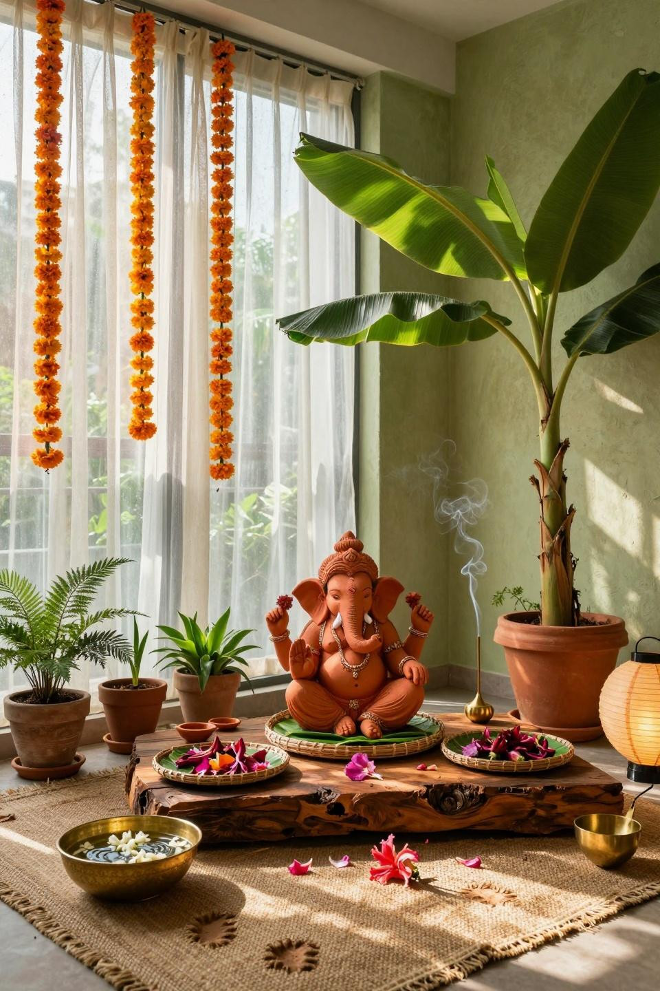 Eco Friendly Ganpati Decoration - modern mandap with bamboo and natural cane