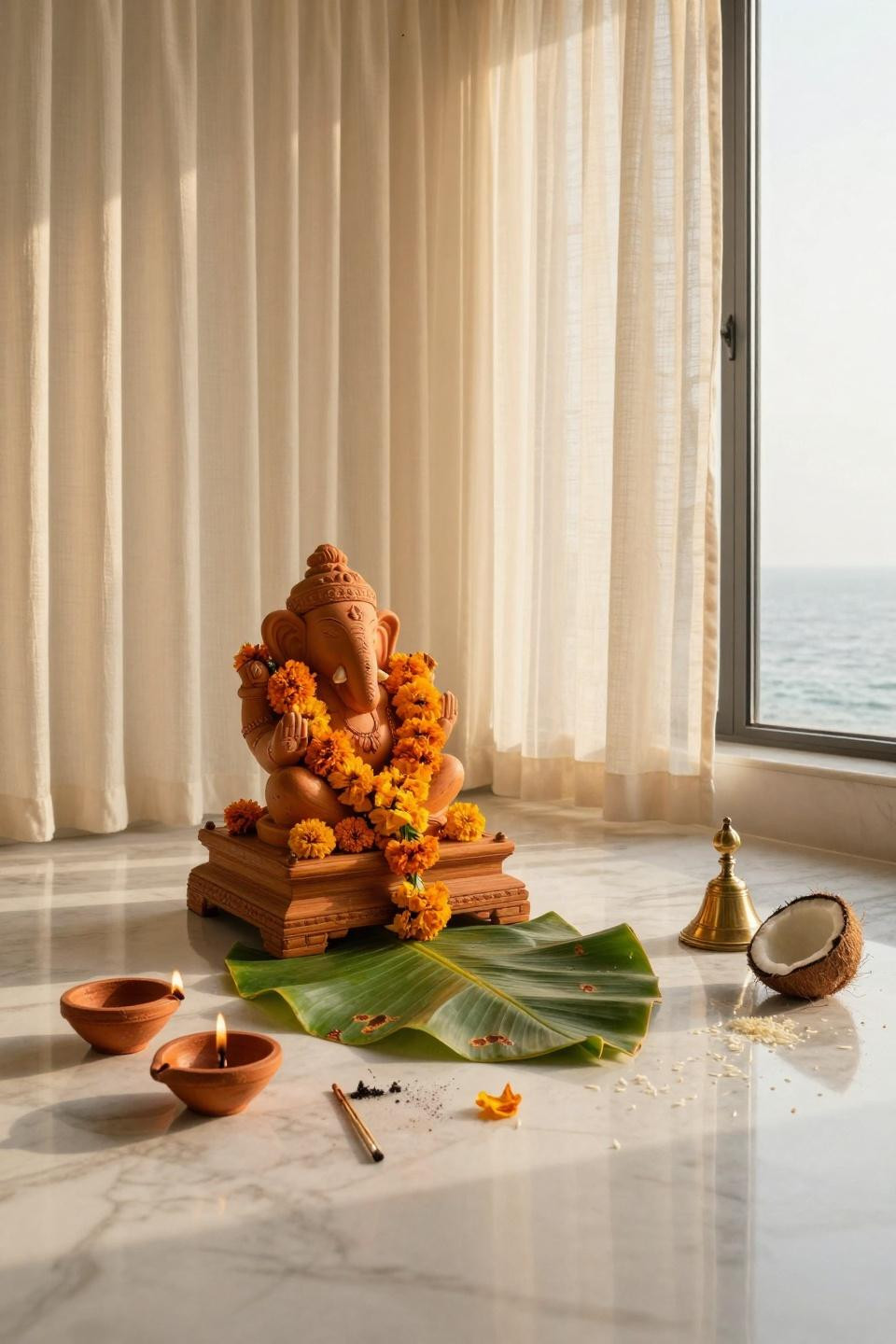 Eco Friendly Ganpati Decoration - carved window with clay idol and flowers