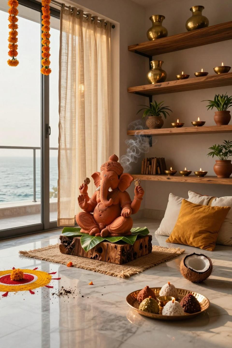 Eco Friendly Ganpati Decoration - penthouse with floating shelves and brass urli vessels