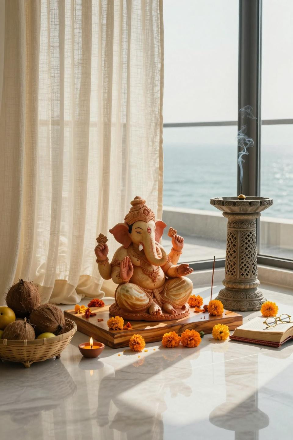 Eco Friendly Ganpati Decoration - marble platform with khadi curtains