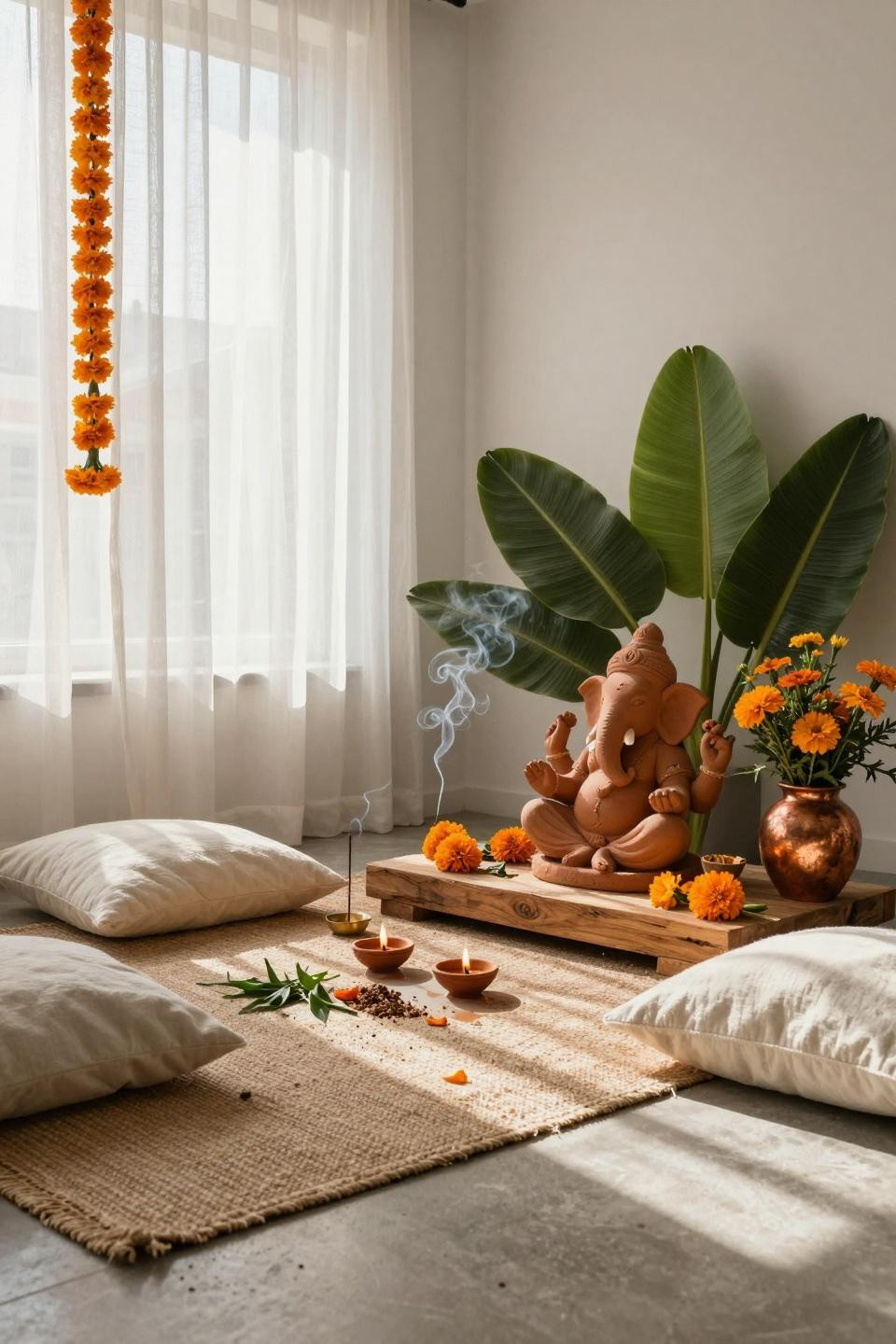 Eco Friendly Ganpati Decoration - minimalist corner with clay idol and marigolds