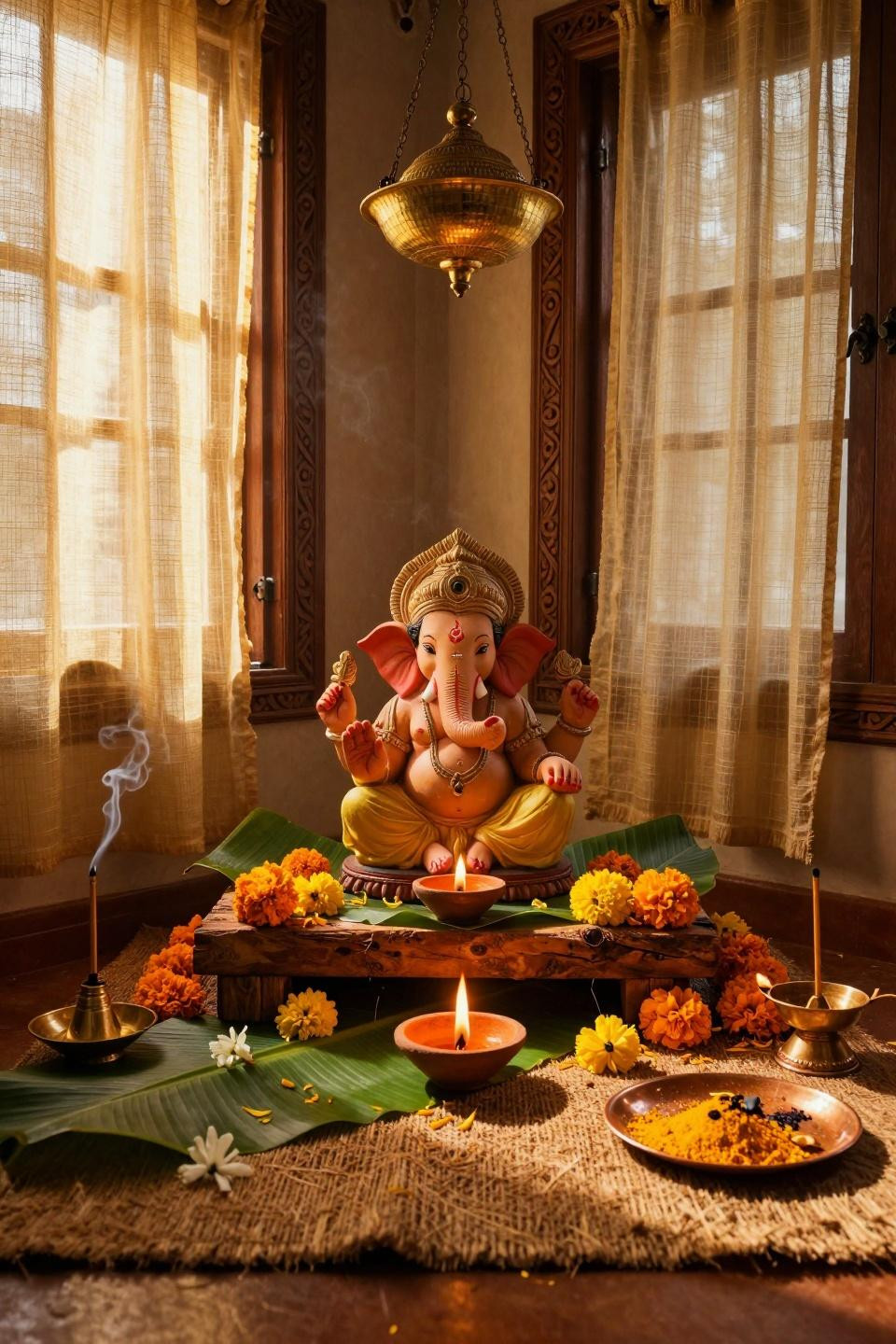 Eco Friendly Ganpati Decoration - coastal home with copper thali and teak platform