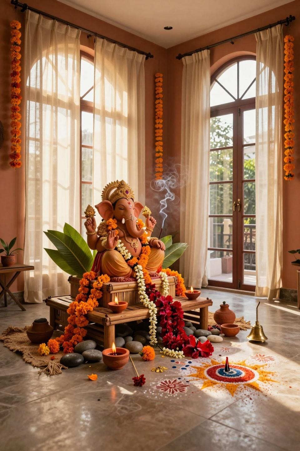 Eco Friendly Ganpati Decoration - contemporary space with tiered bamboo and teak display