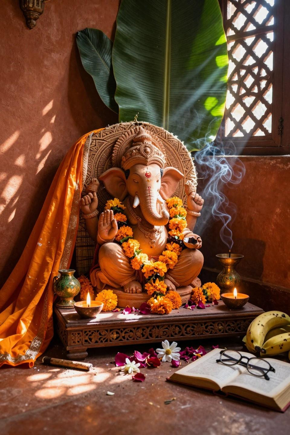 Eco Friendly Ganpati Decoration - terracotta wall shrine with silk dupatta and sandalwood