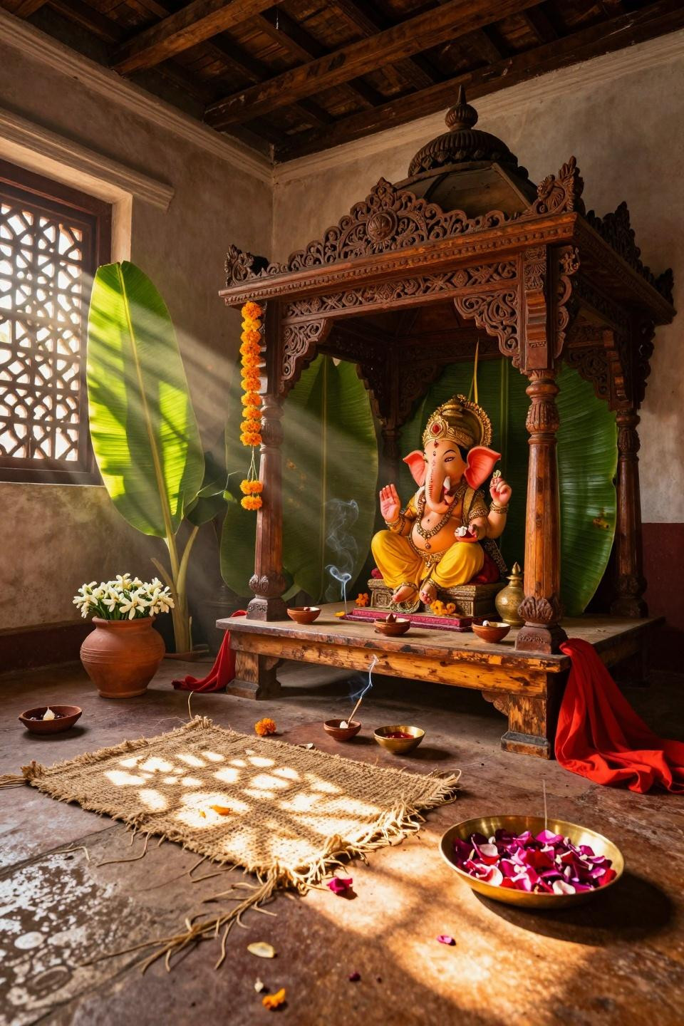 Eco Friendly Ganpati Decoration - Goan haveli with vintage rosewood and marigold garlands
