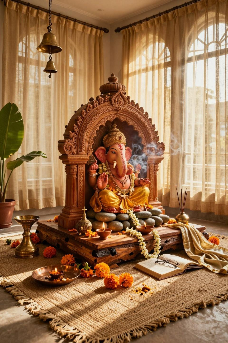 Eco Friendly Ganpati Decoration - art deco space with sandalwood arch and brass bells