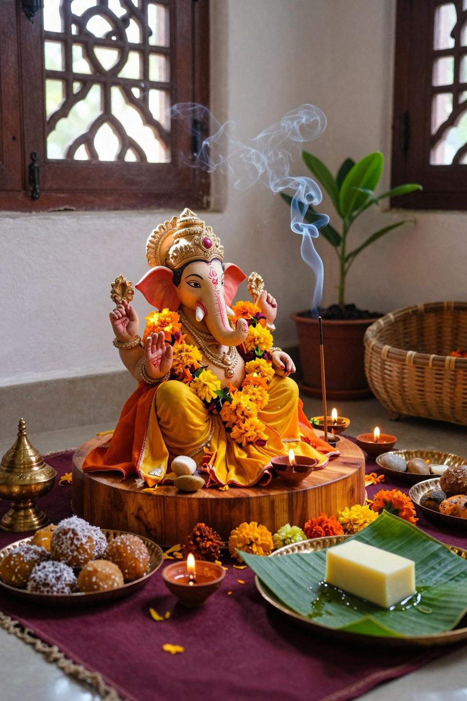 Eco Friendly Ganpati Decoration - close detail of painted terracotta idol with silk and brass