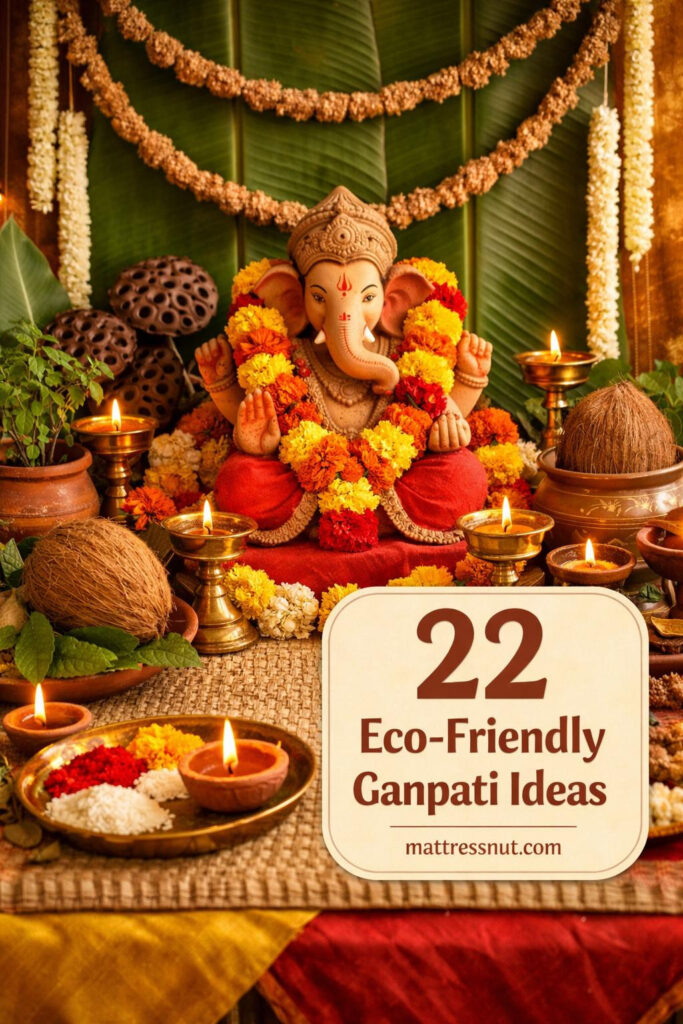 Traditional Ganpati idol decorated with natural flowers, clay diyas, banana leaves, and sustainable materials in home setting