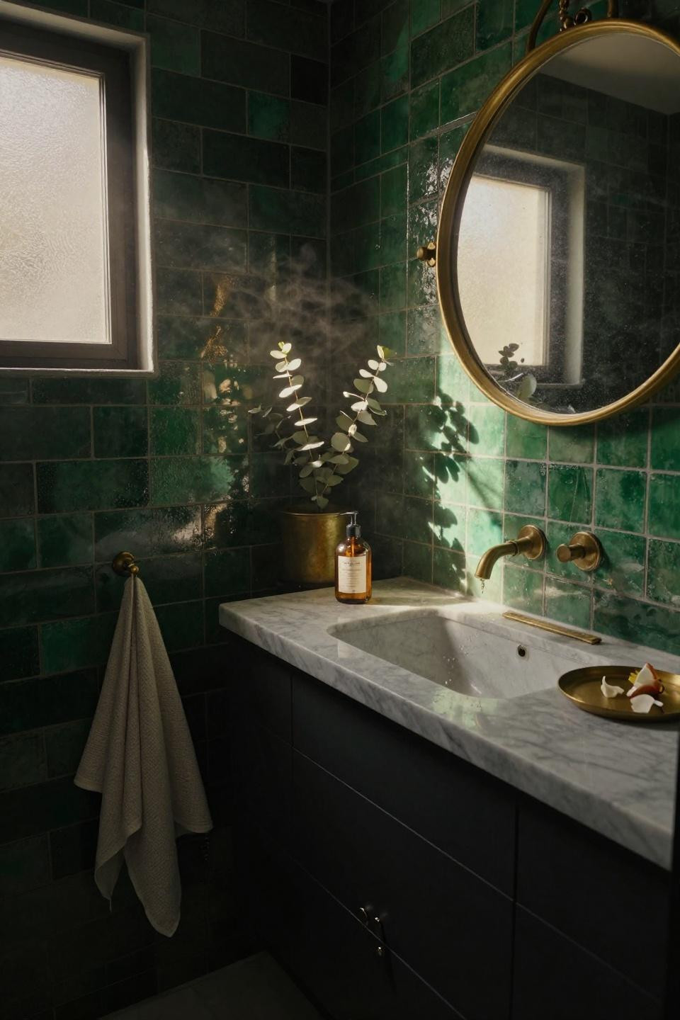Bathroom ideas with emerald green tile and brass mirror
