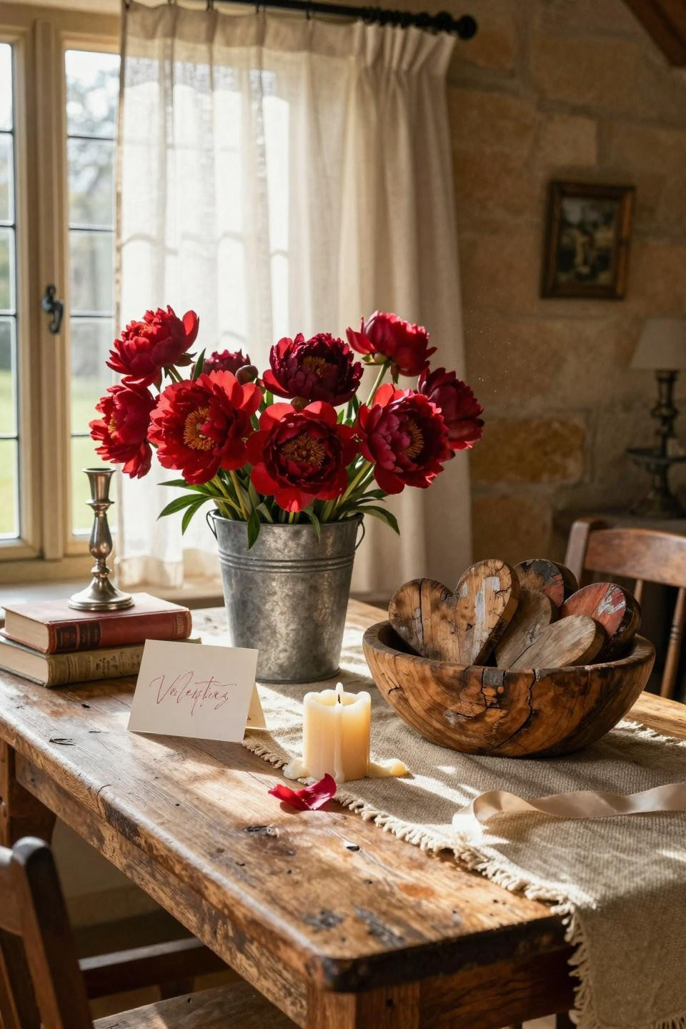 Valentines Day Decorations - farmhouse table with bold red flowers and textured linens
