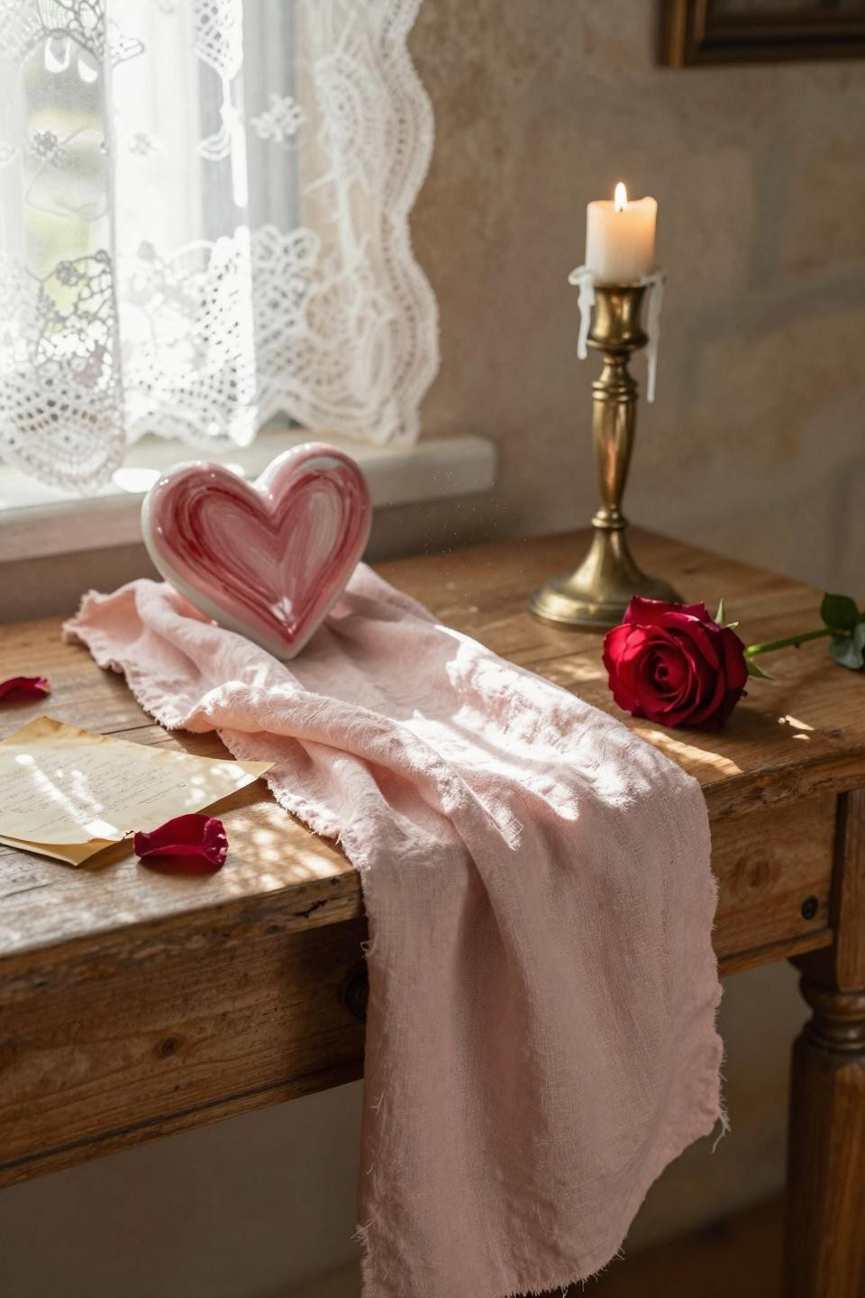 Valentines Day Decorations - tight detail shot of linen runner and candles