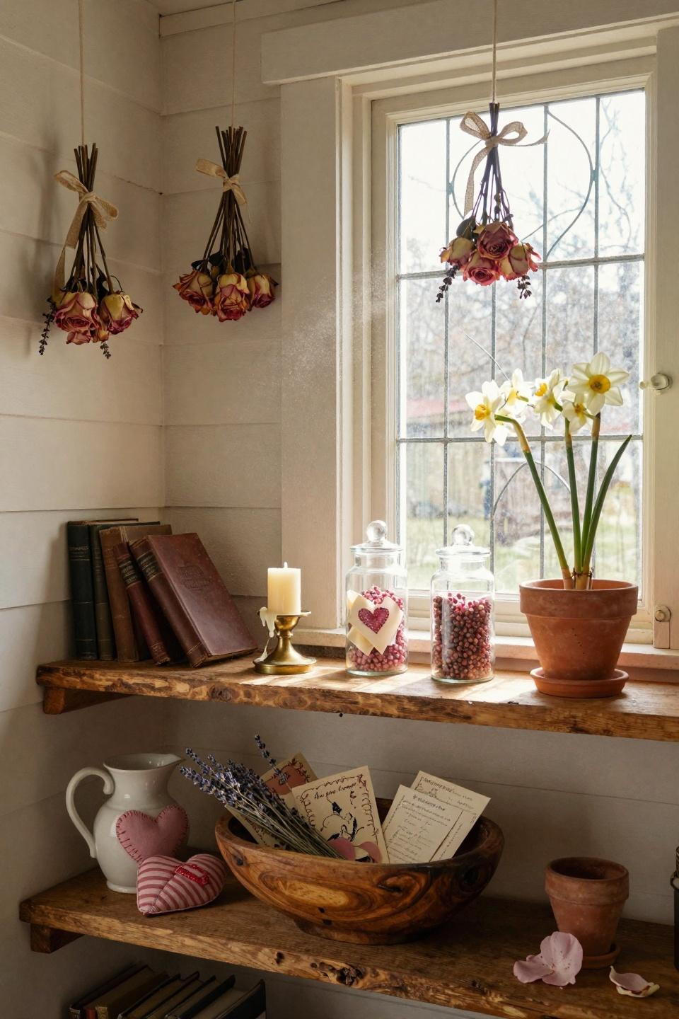 Valentines Day Decorations - open shelving with DIY touches and botanical accents