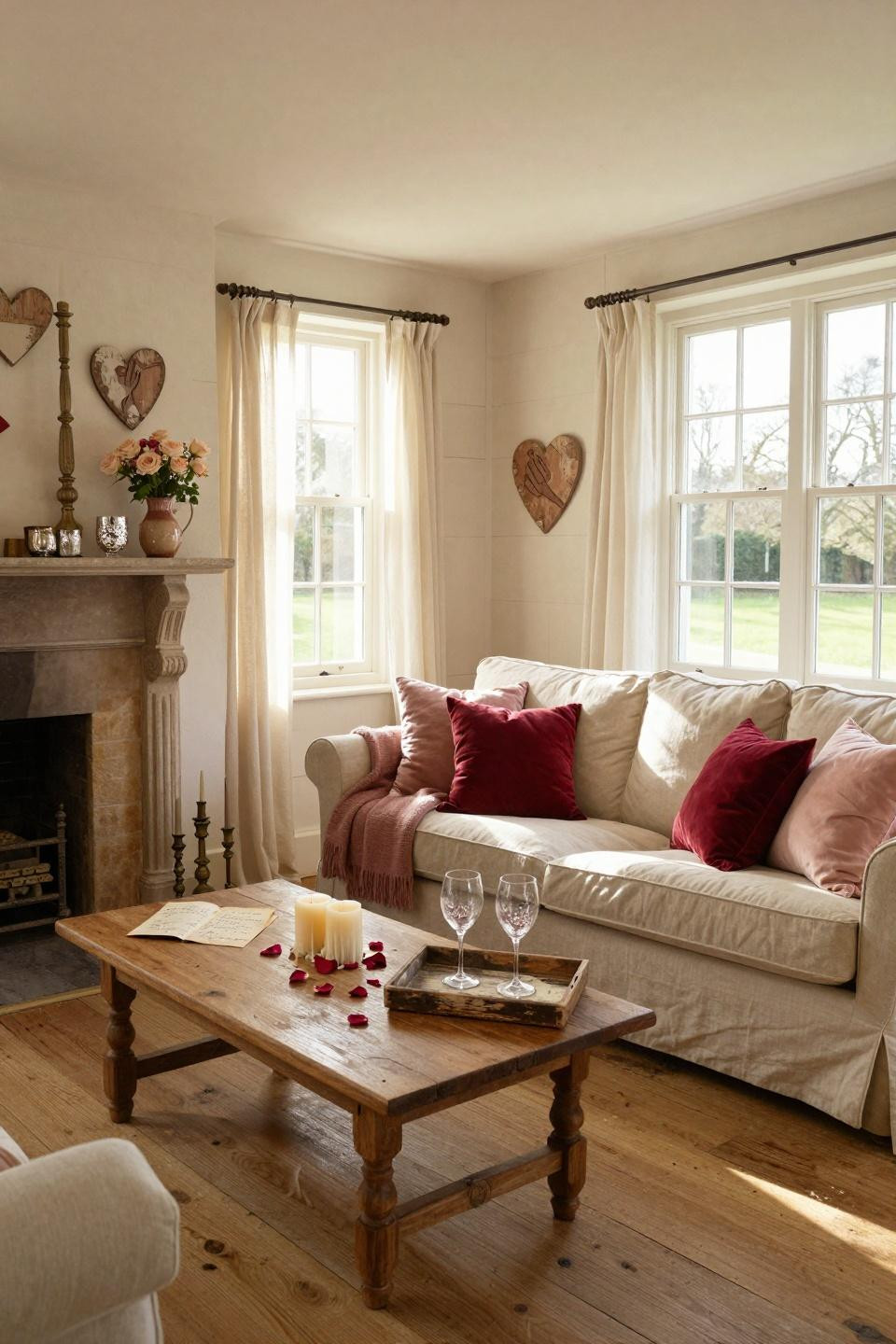 Valentines Day Decorations - full living room with fireplace and soft pink accents