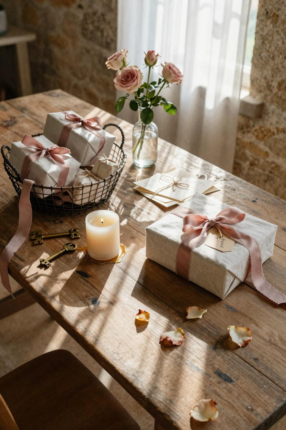 Valentines Day Decorations - antique basket with wrapped presents and candles