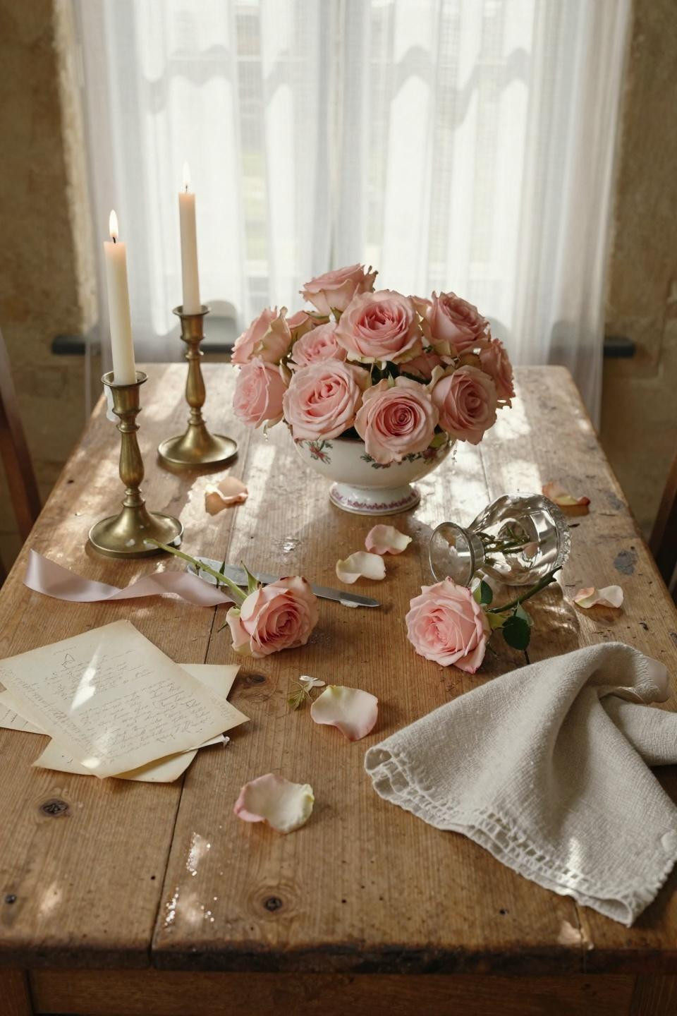 Valentines Day Decorations - antique bowl with soft pink flowers on oak table